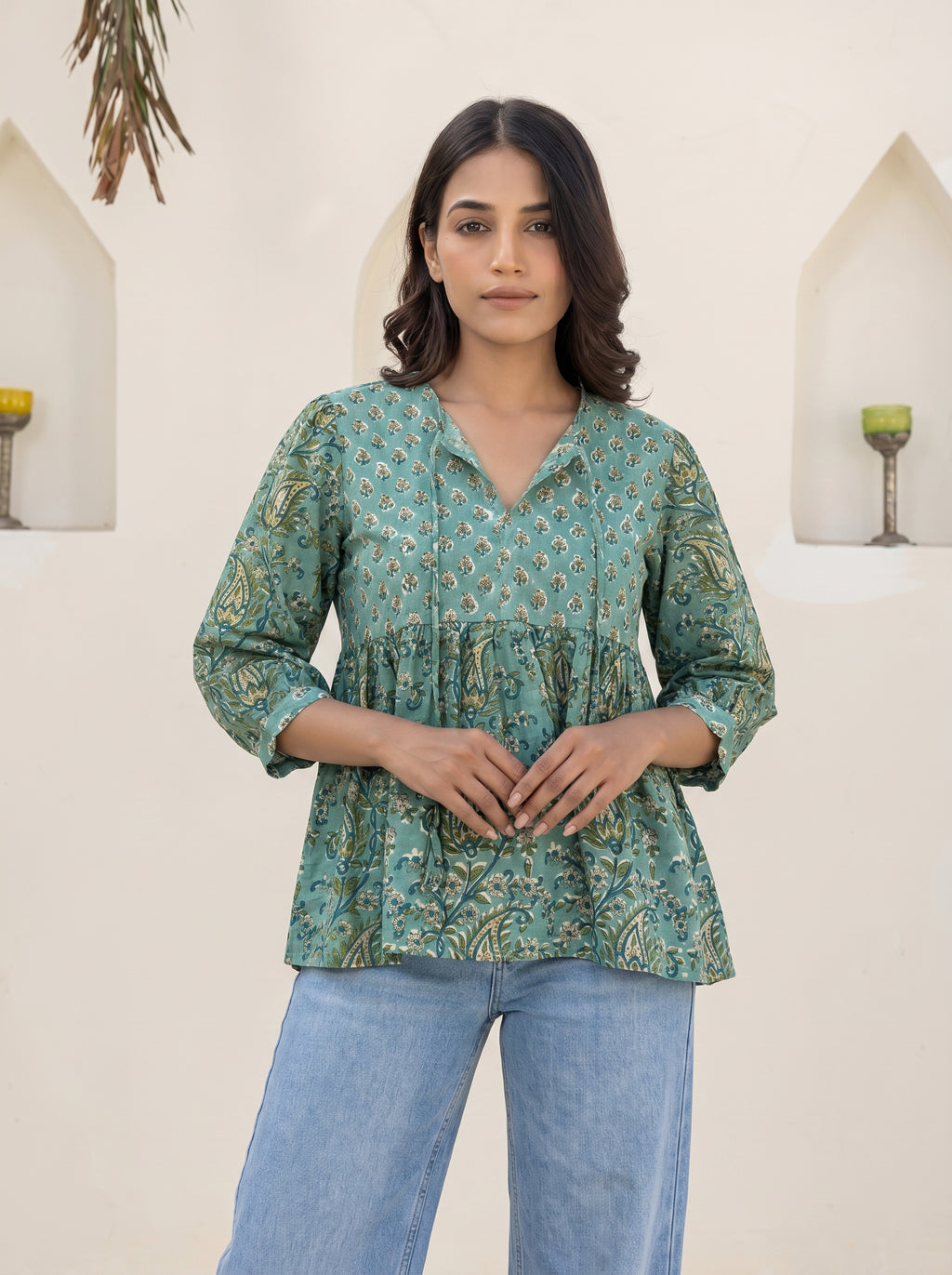Teal Bohemian Floral Peplum Top