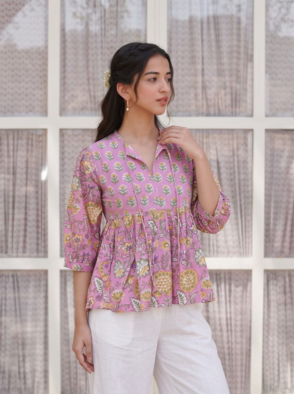 Pink Bloom Handblock Peplum Top