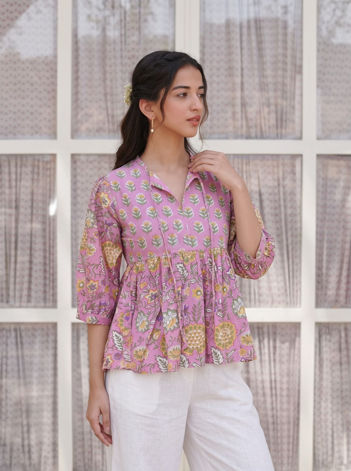 Pink Bloom Handblock Peplum Top