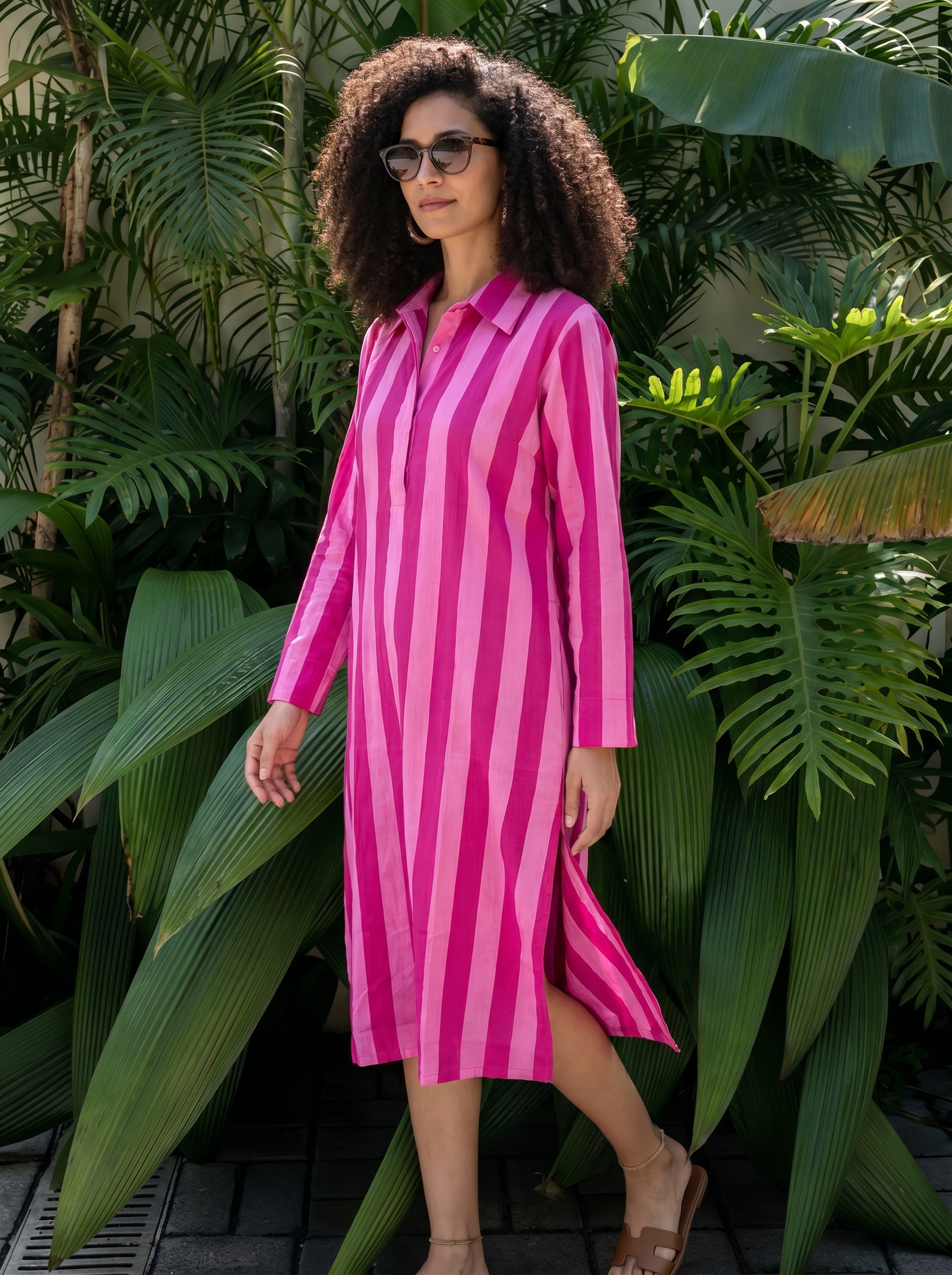 Candy Pink Striped Cotton Shirt Dress