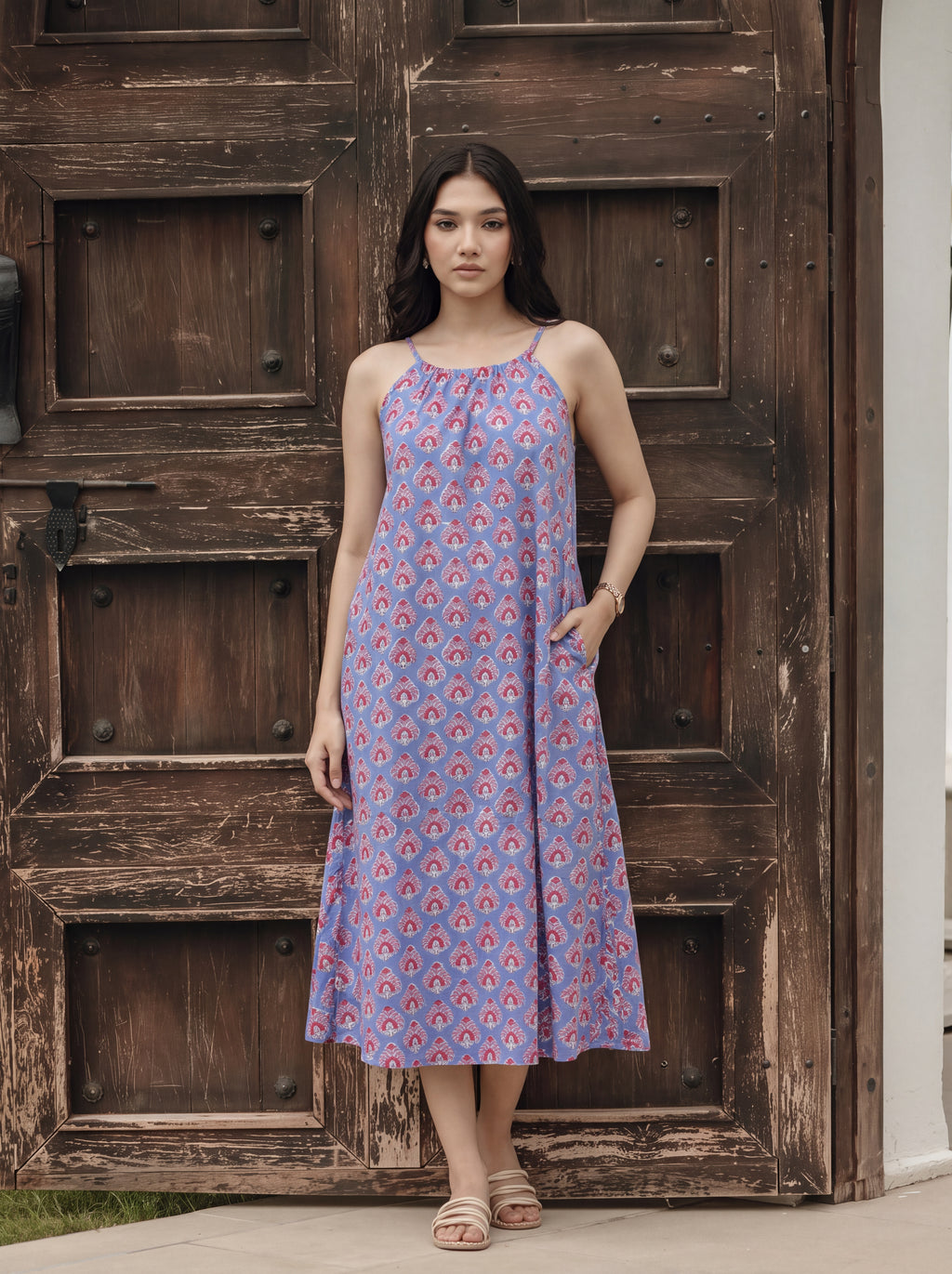 Blue Floral Hand Block Print Cotton Midi Dress
