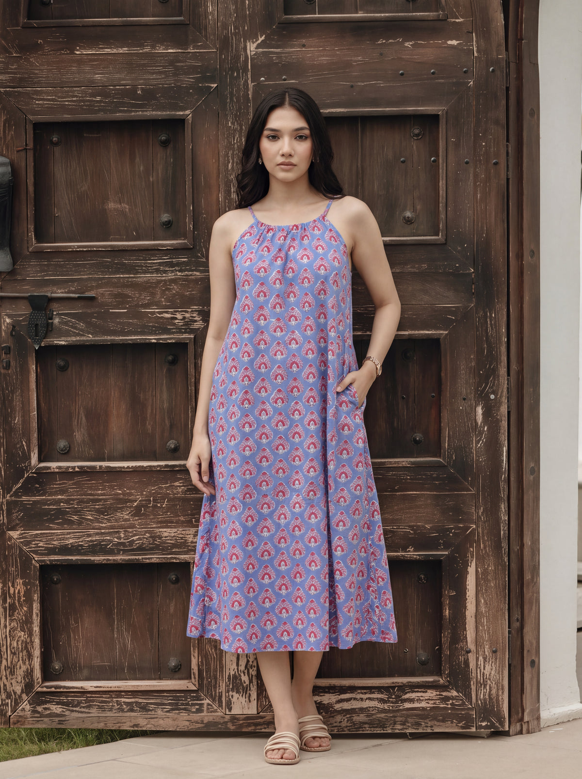 Blue Floral Hand Block Print Cotton Midi Dress
