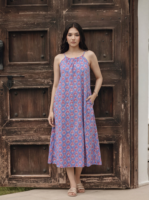 Blue Floral Hand Block Print Cotton Midi Dress