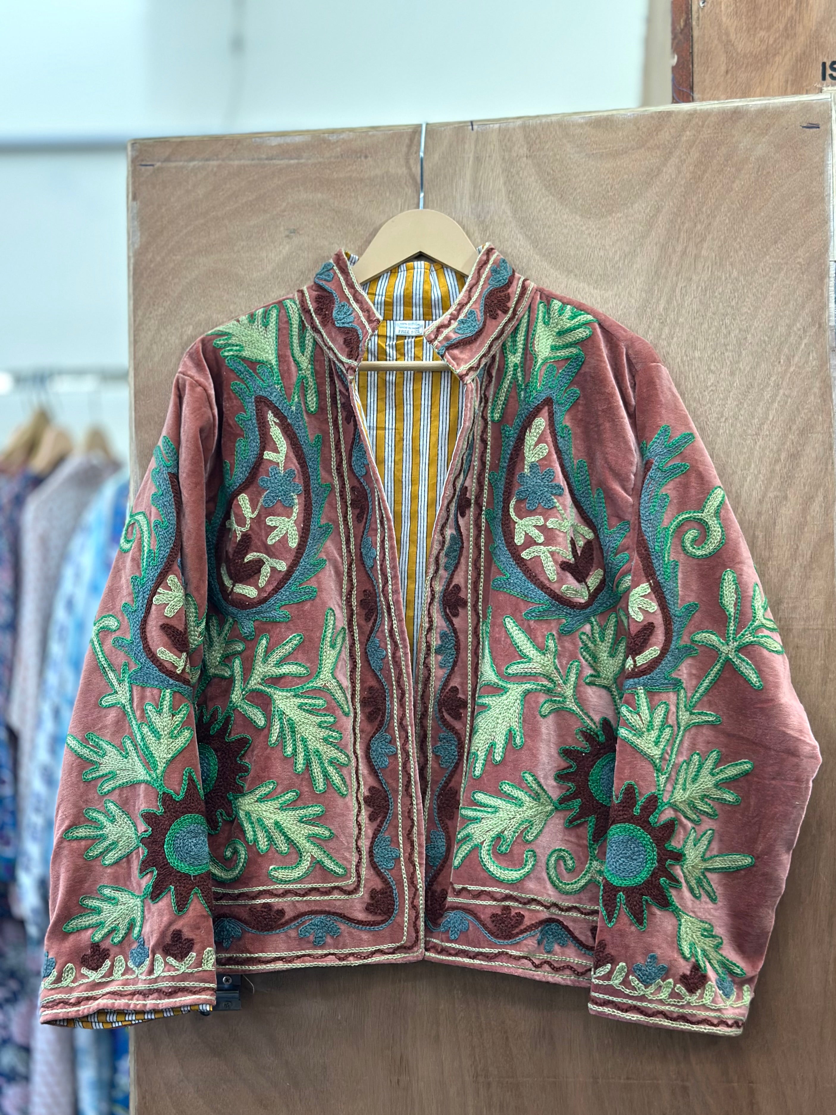 Dusty Rose & Green Embroidered Velvet Jacket