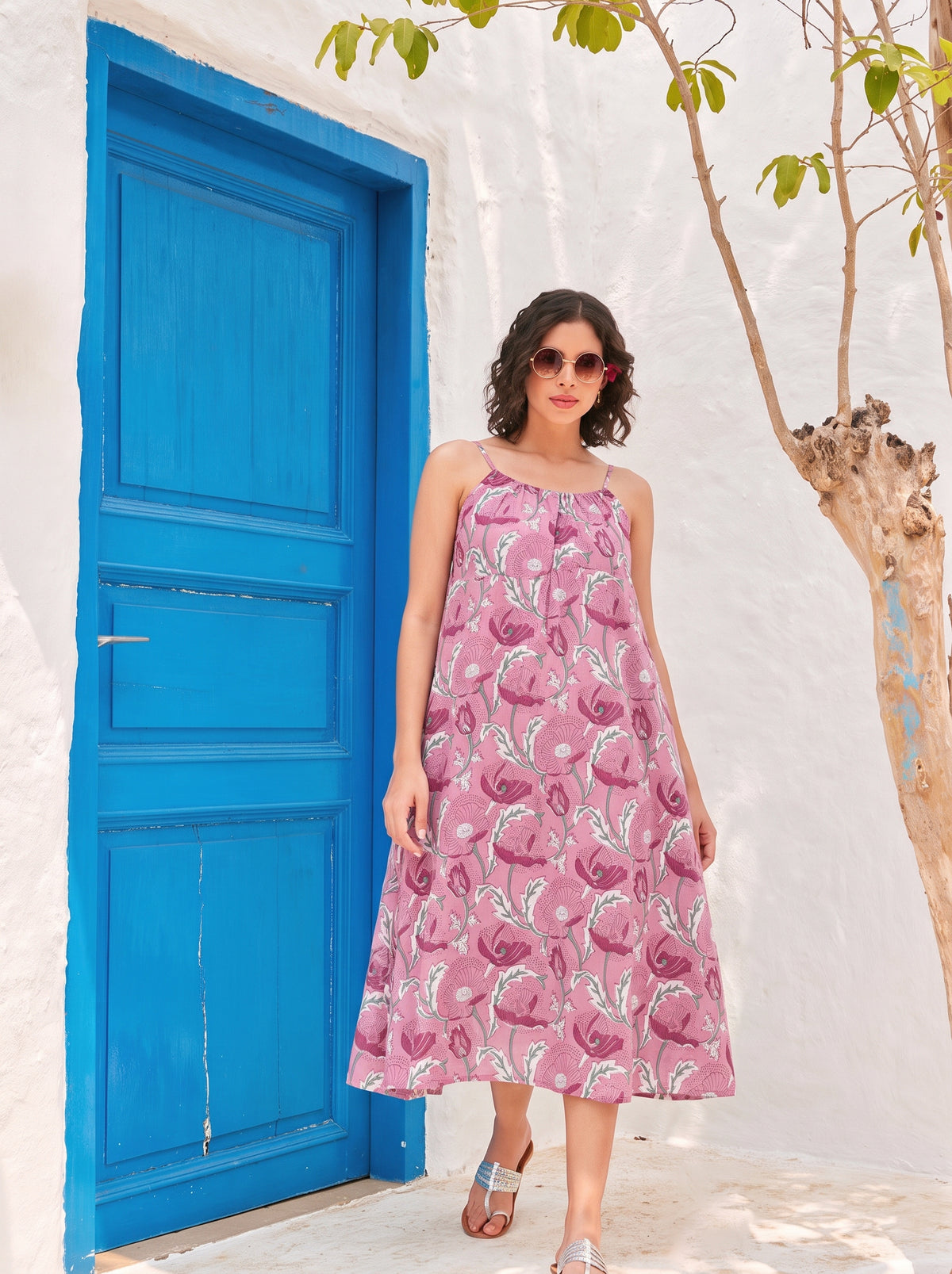 Mauve Floral Cotton Halter Midi Dress
