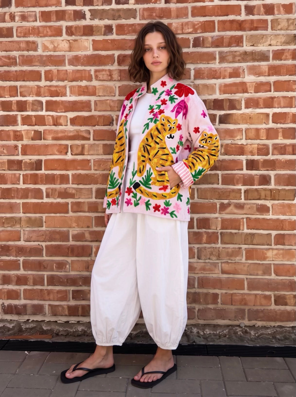 Blush Pink Garden Tiger Embroidered Jacket