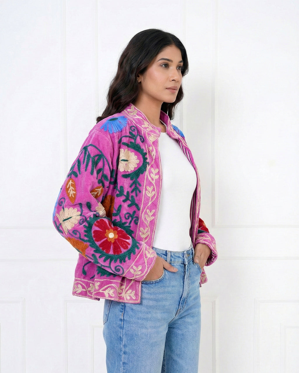 Pink floral Embroidered velvet Jacket