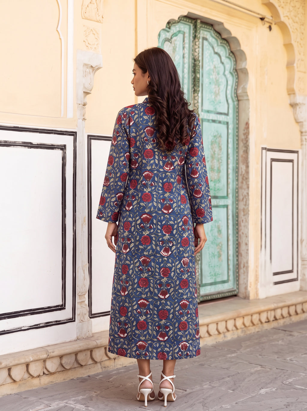 Blue Floral Flare Midi Dress