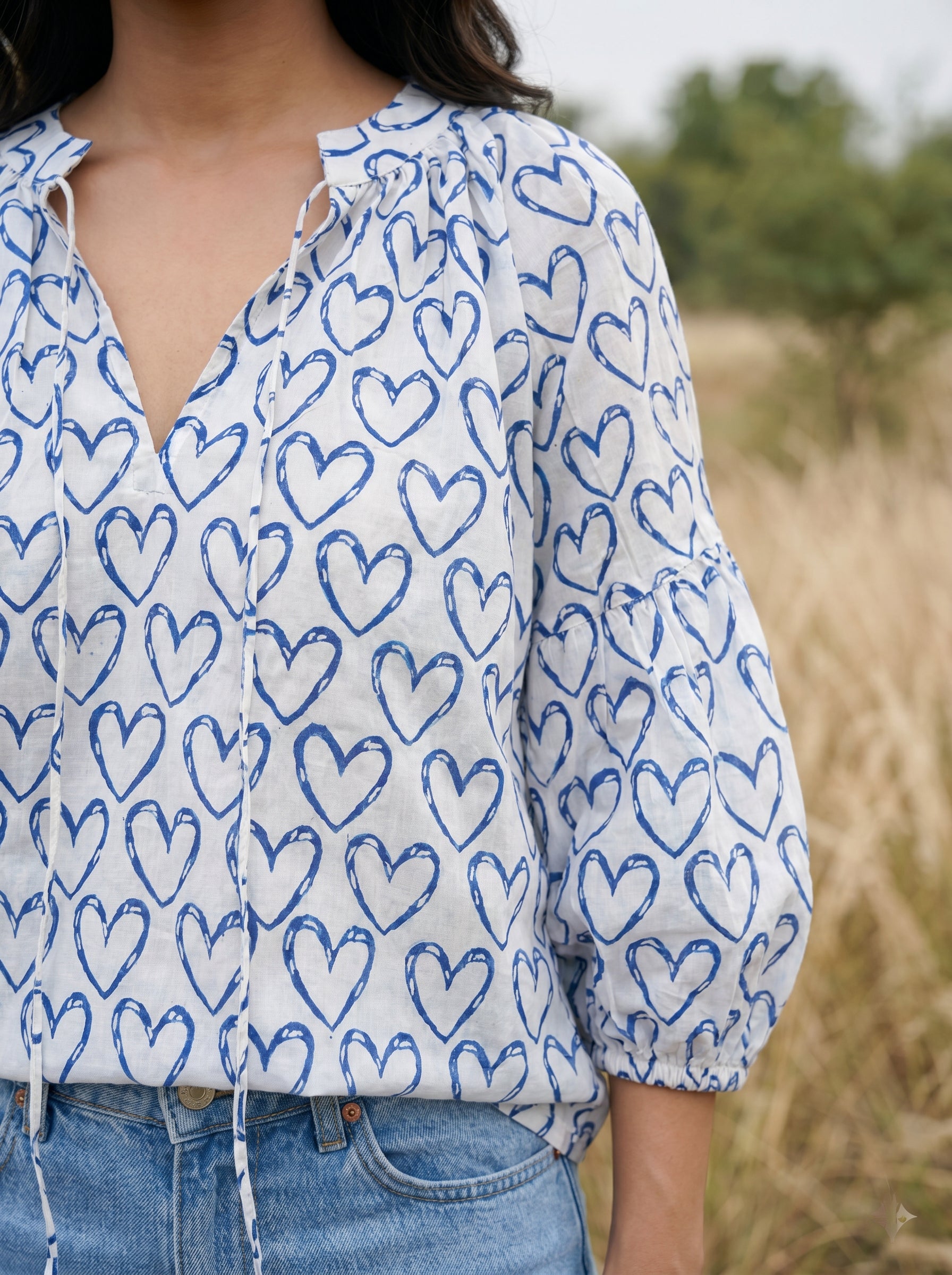 Blue Heart Print Blouse