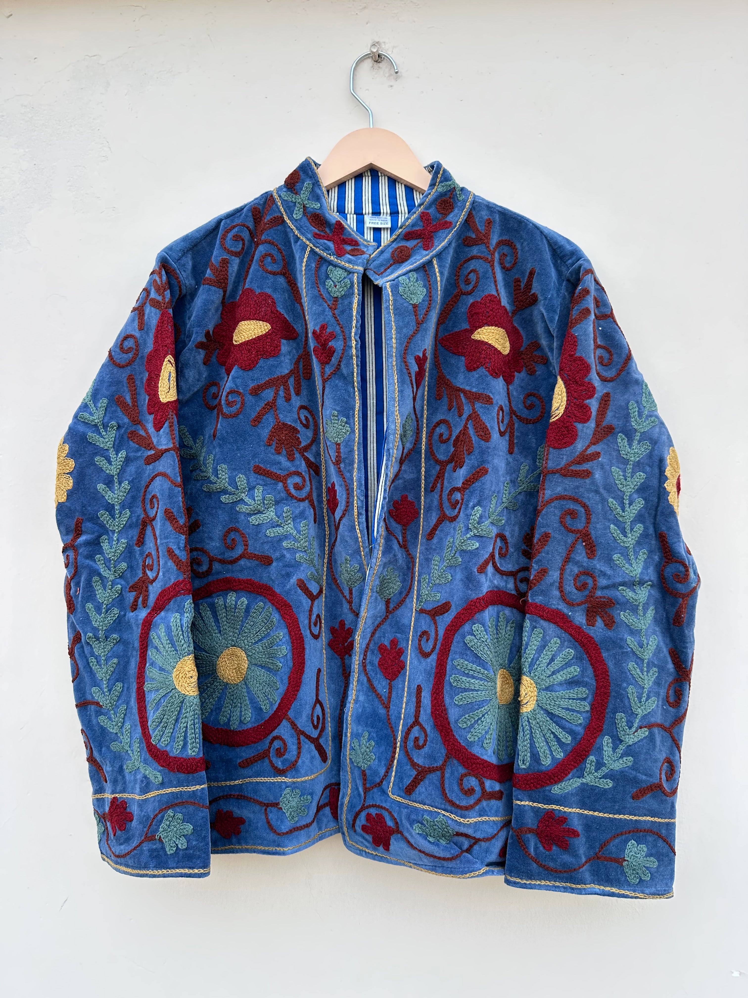 Blue Floral Embroidered Velvet Jacket