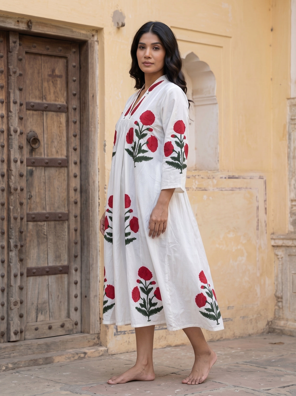 Red Poppy Hand Block Print Cotton Dress
