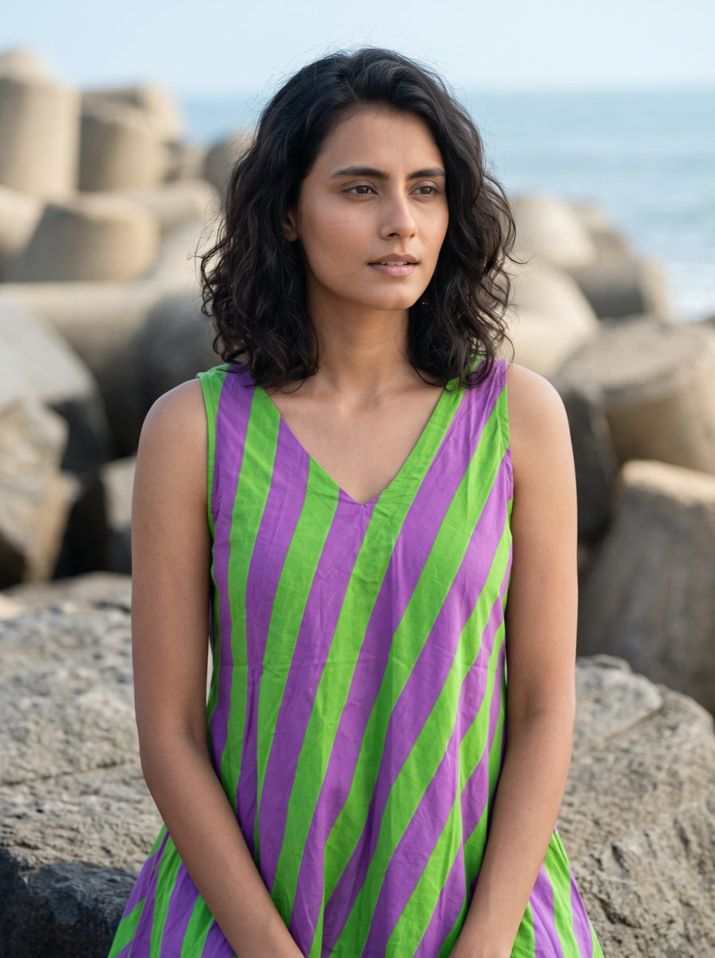 Lime Violet Stripe Midi Dress