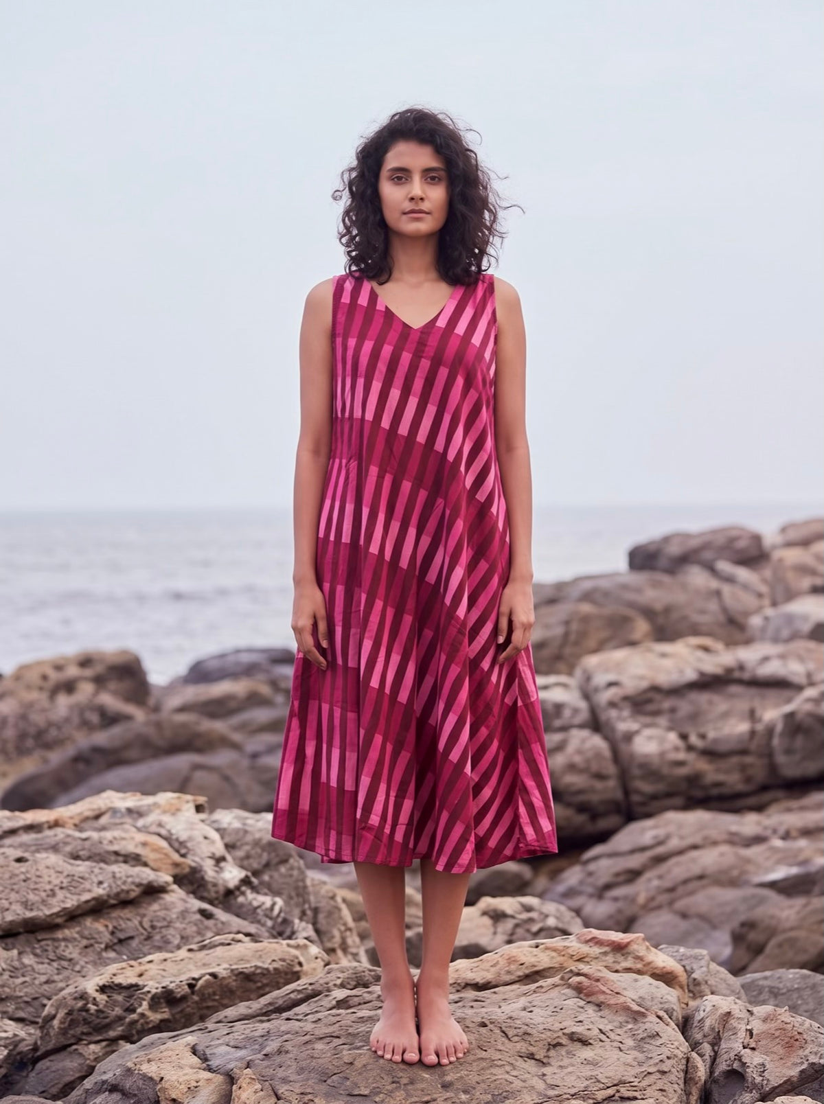 Berry Stripe Flare Midi Dress