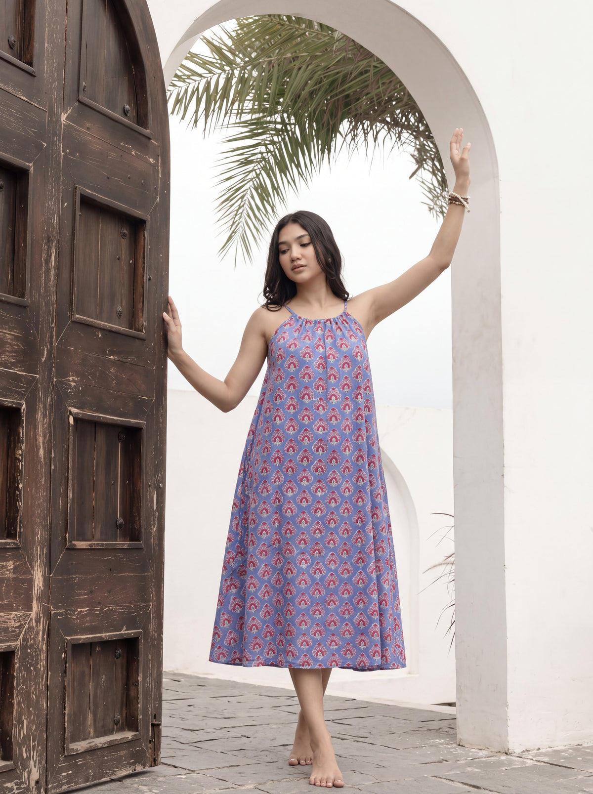 Blue Floral Hand Block Print Cotton Midi Dress