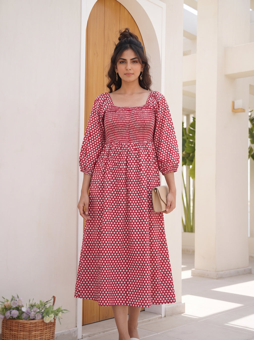 Crimson Polka Smocked Midi Dress