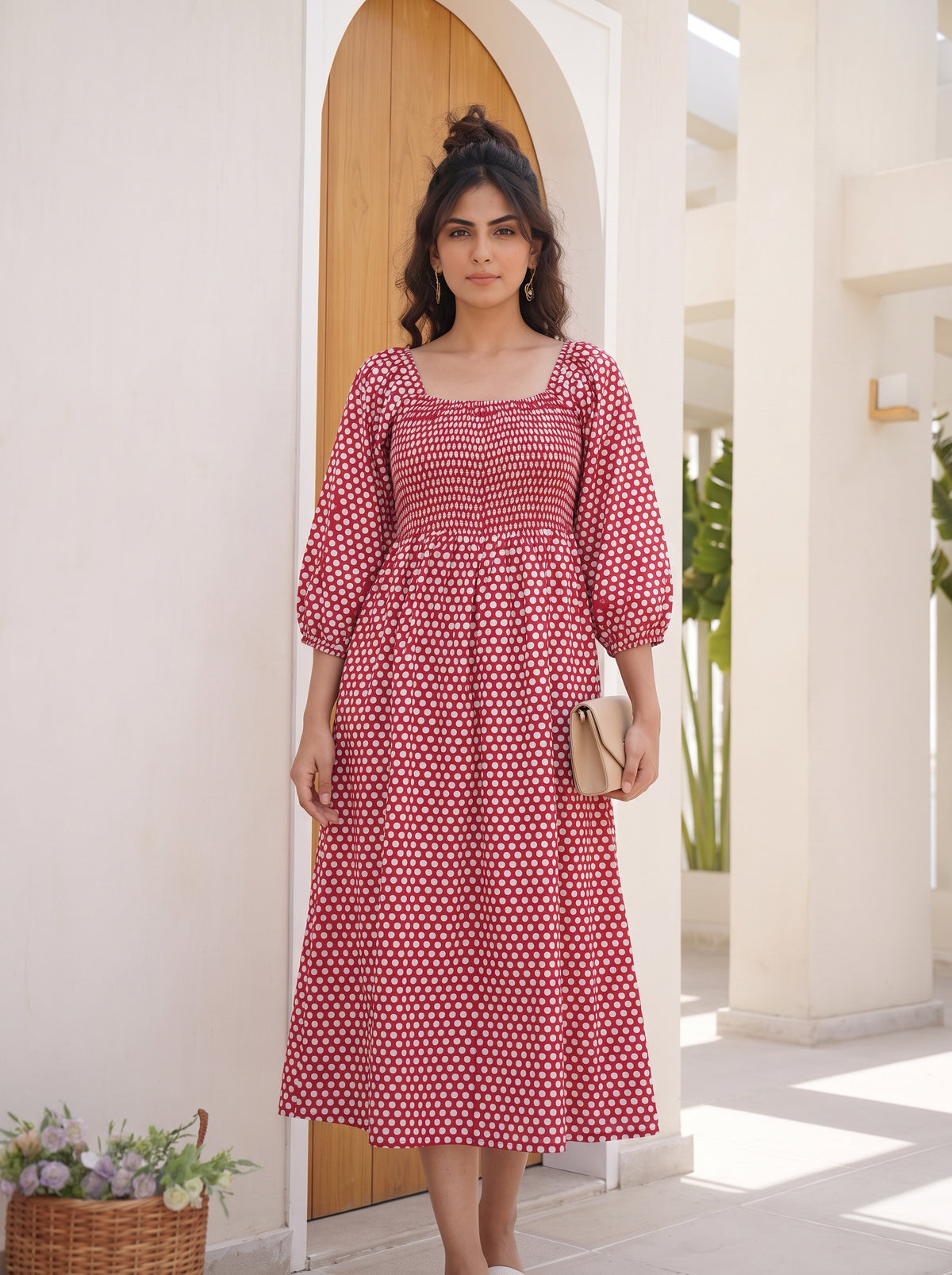 Crimson Polka Smocked Midi Dress