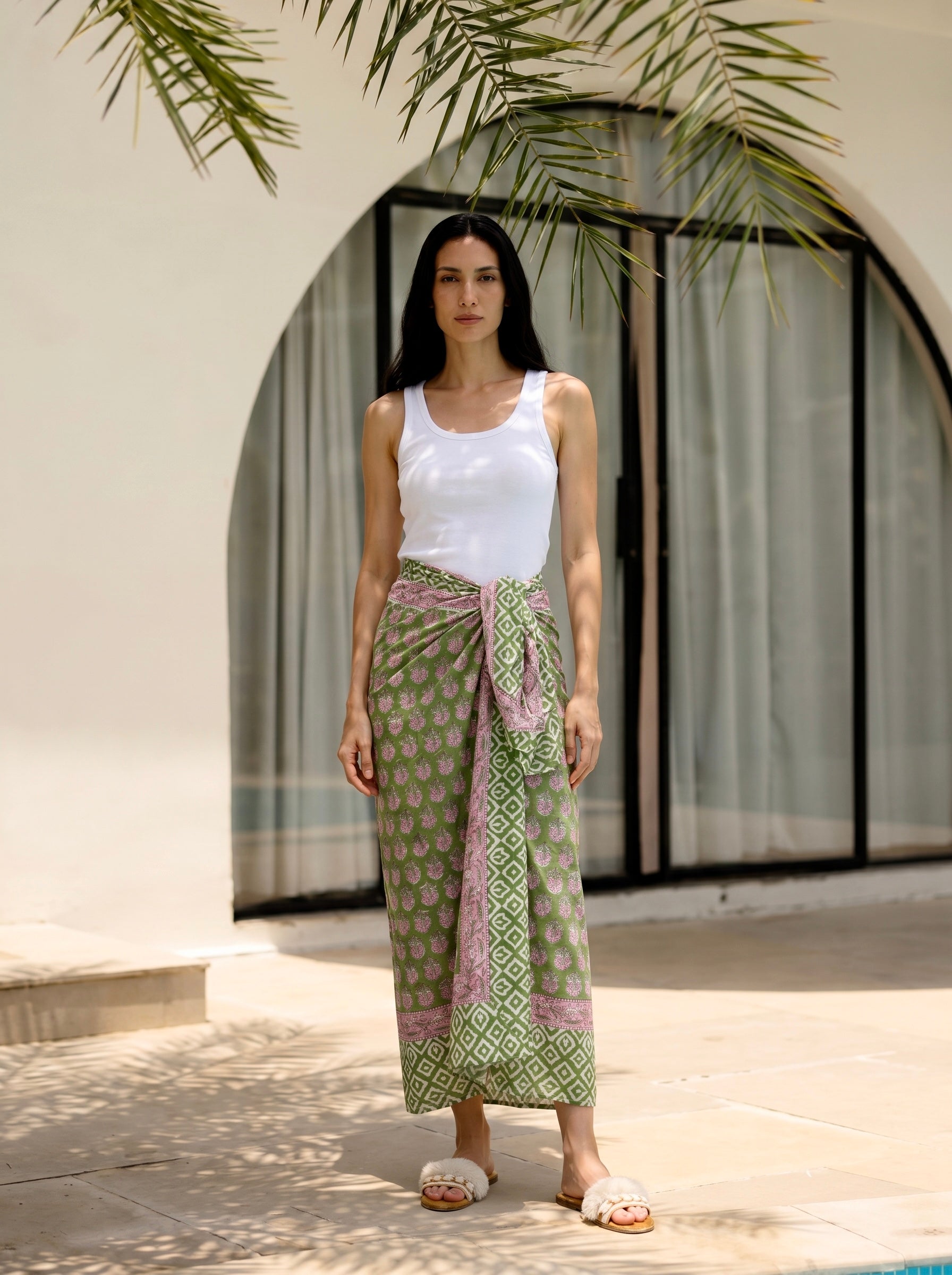 Sage Blossom Block Print Cotton Sarong