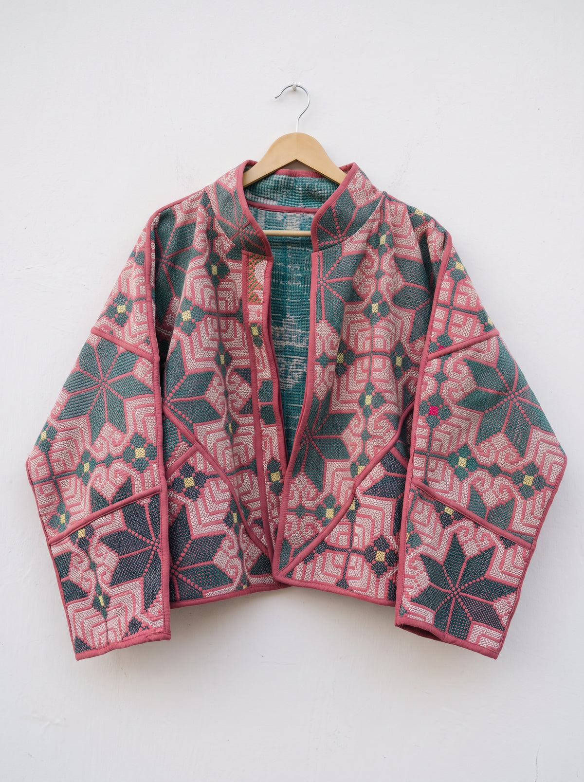 Rose& Teal Floral Kantha Bomber Jacket