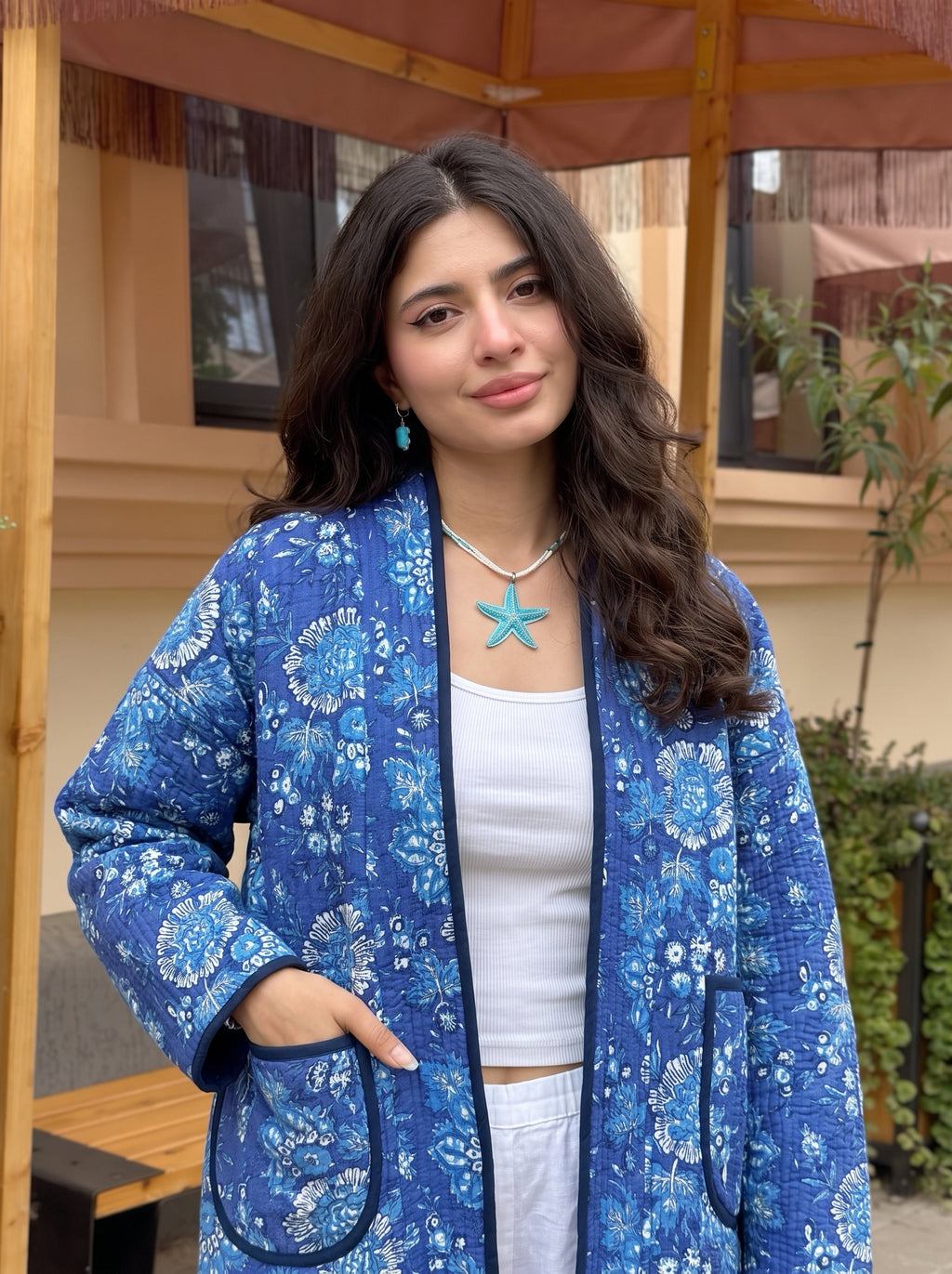 Azure Garden Handblock Quilted Jacket