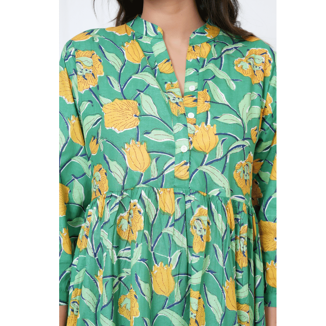 Aqua Garden Hand Block Print Maxi Anokhi Dress