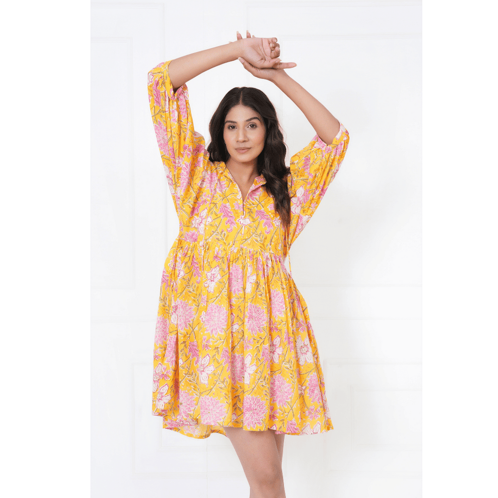 Mustard Hand-Block Print Cotton Mini Doi Dress