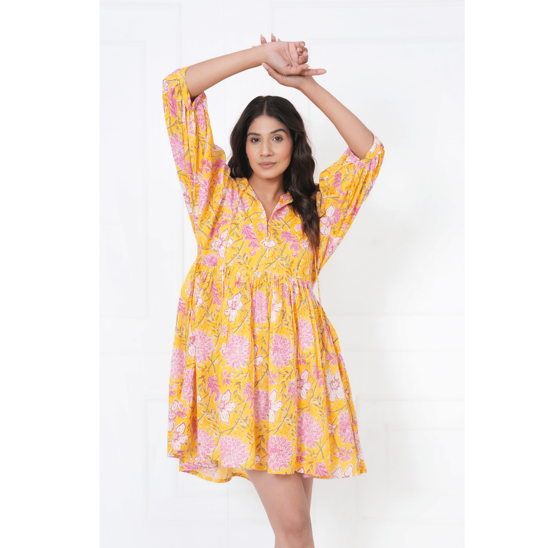 Mustard Hand-Block Print Cotton Mini Doi Dress