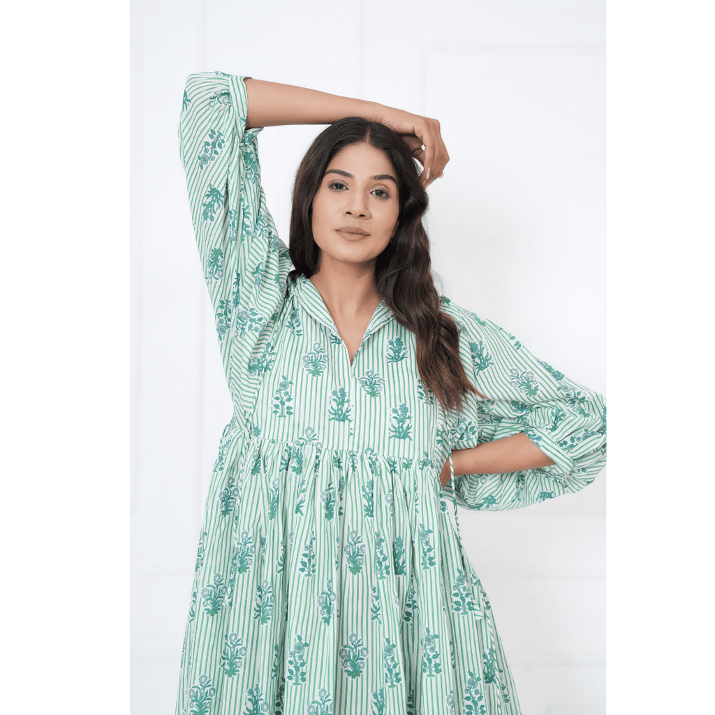 White Green Stripe Hand-Block Print Cotton Mini Doi Dress