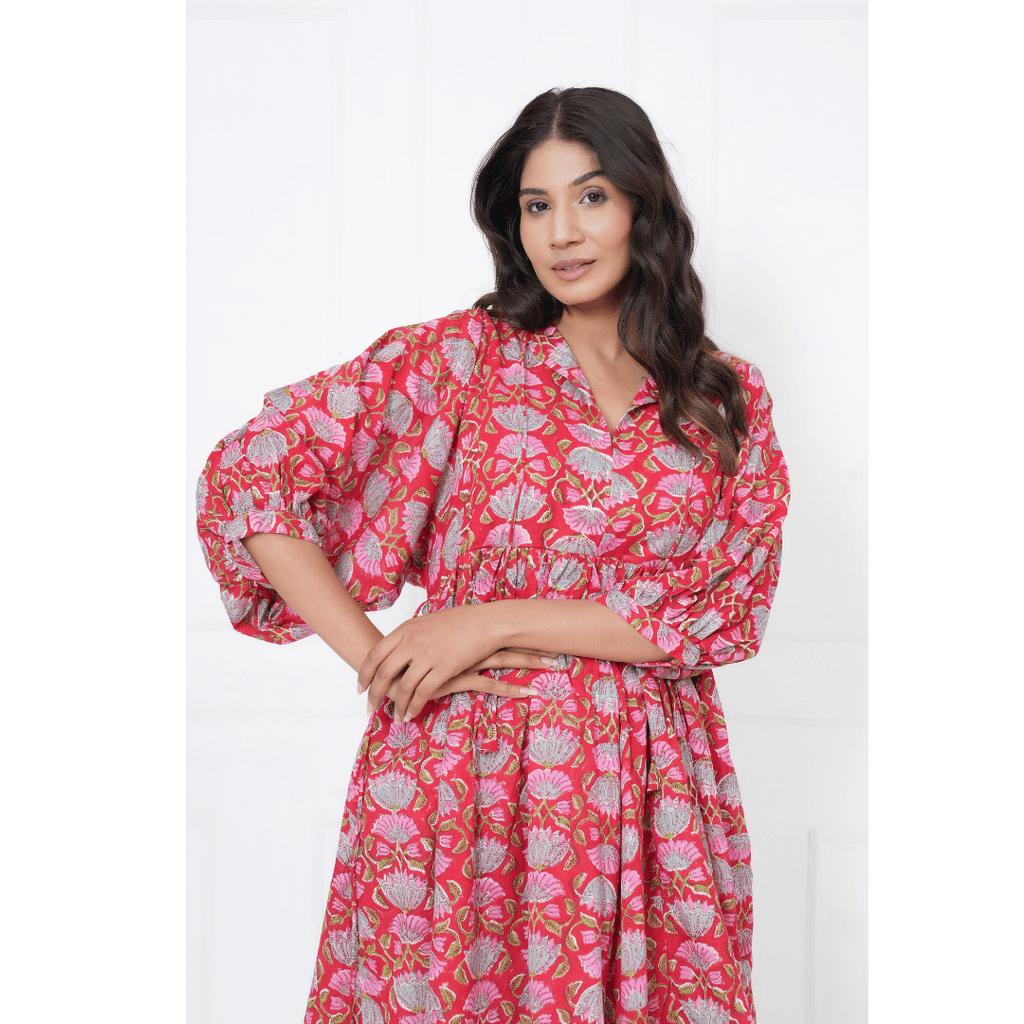Red Floral Hand-Block Print Cotton Mini Doi Dress