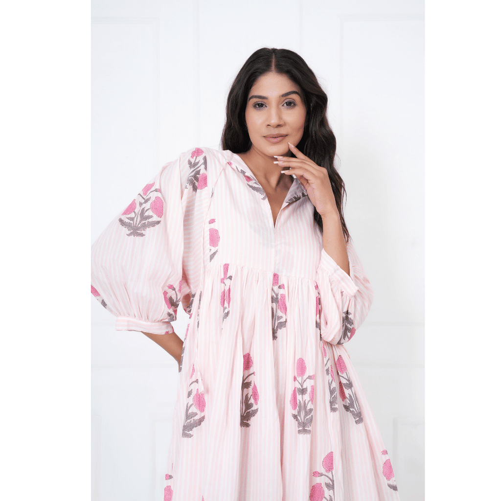 Pink White Stripe Hand-Block Print Cotton Mini Doi Dress
