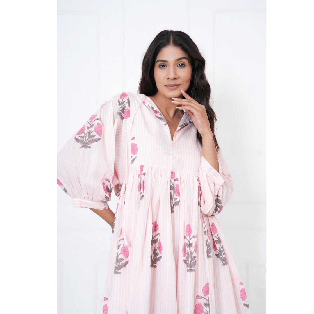 Pink White Stripe Hand-Block Print Cotton Mini Doi Dress