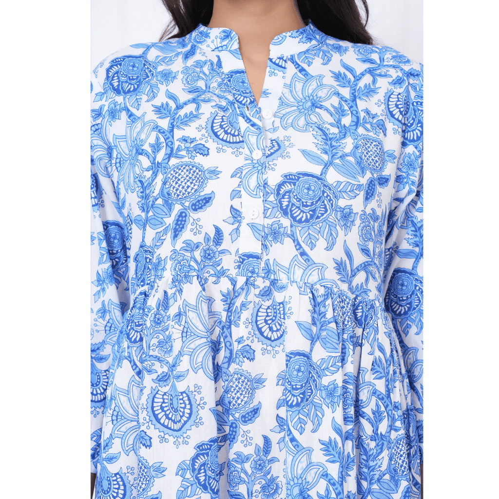 Blue Floral Block Print Maxi Anokhi Dress
