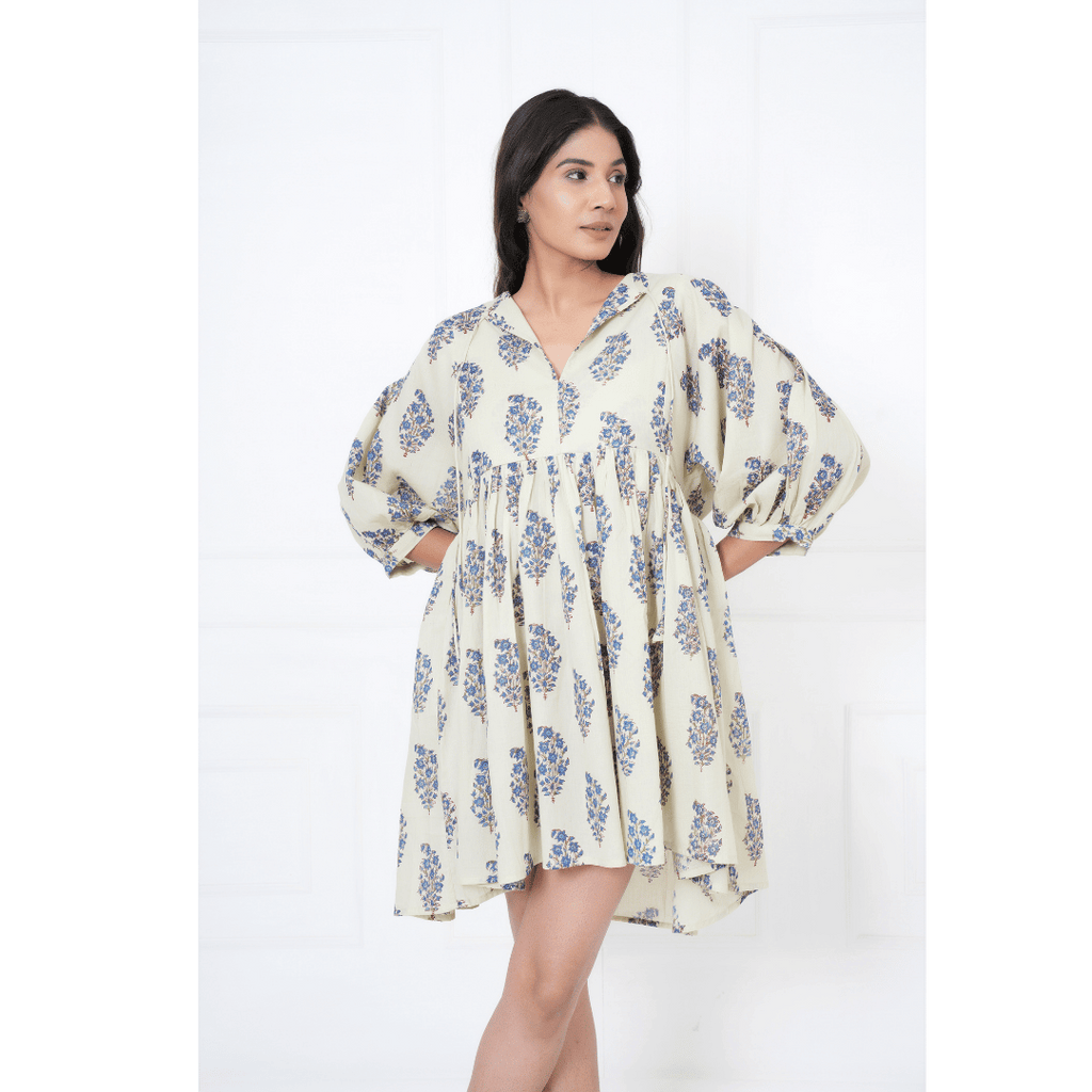 Floral And Leaf Hand-Block Print Cotton Mini Doi Dress