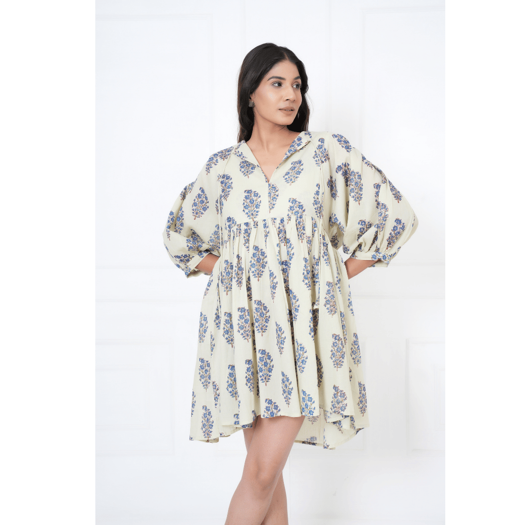 Floral And Leaf Hand-Block Print Cotton Mini Doi Dress