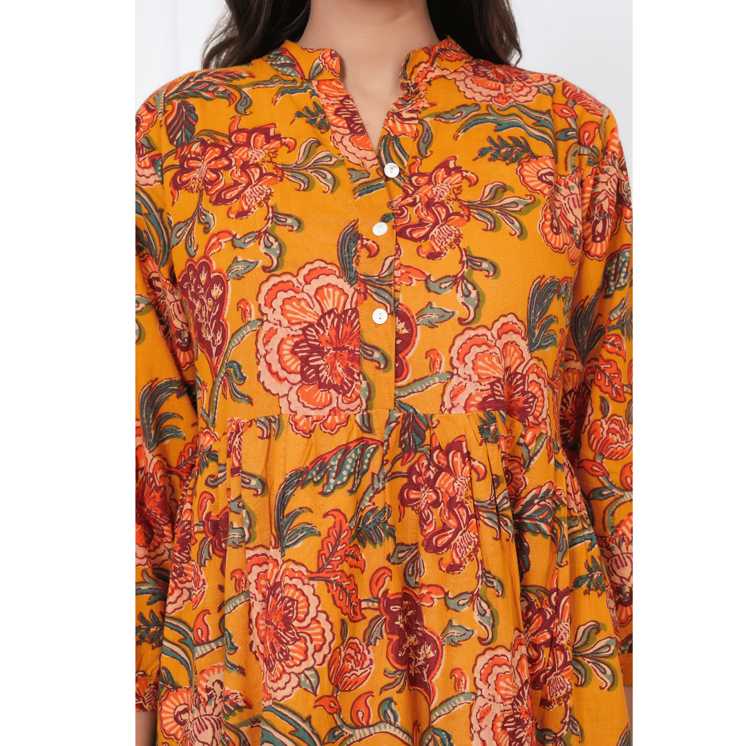 Mustard Floral Block Print Maxi Anokhi Dress