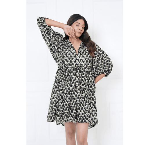 Black Hand-Block Print Cotton Mini Doi Dress