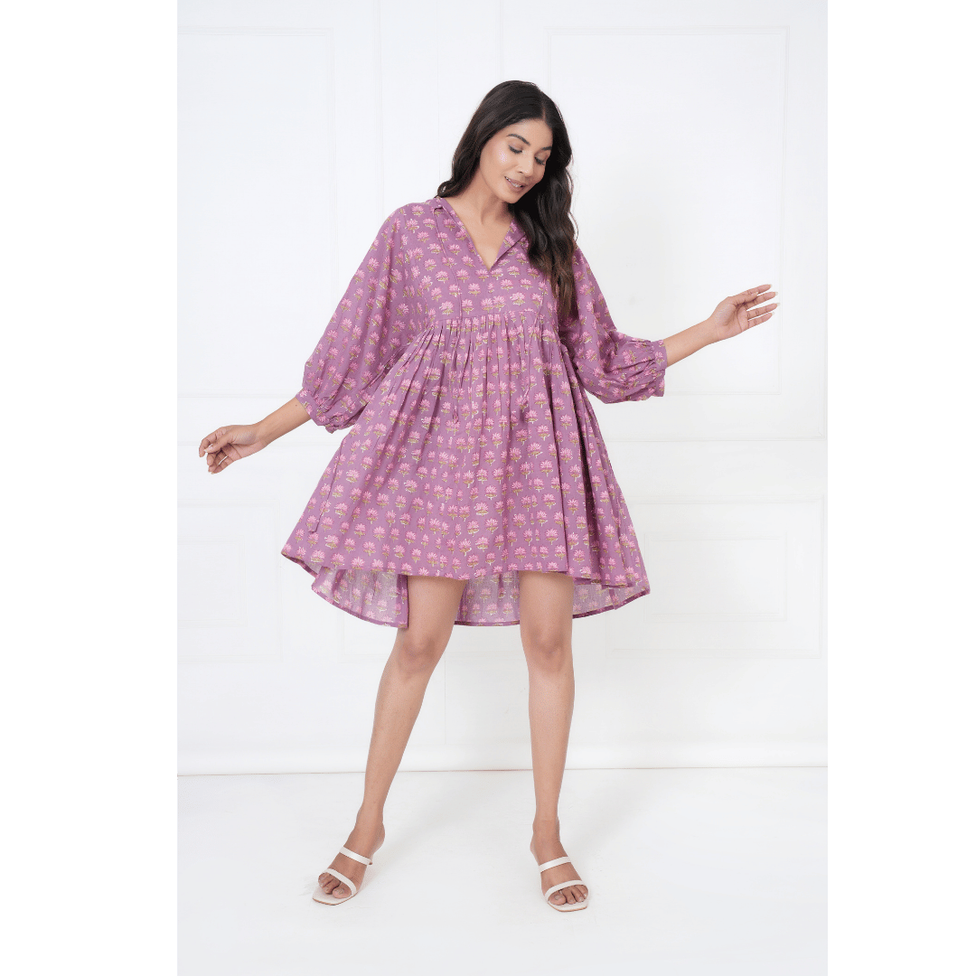 Lavender Hand-Block Print Cotton Mini Doi Dress