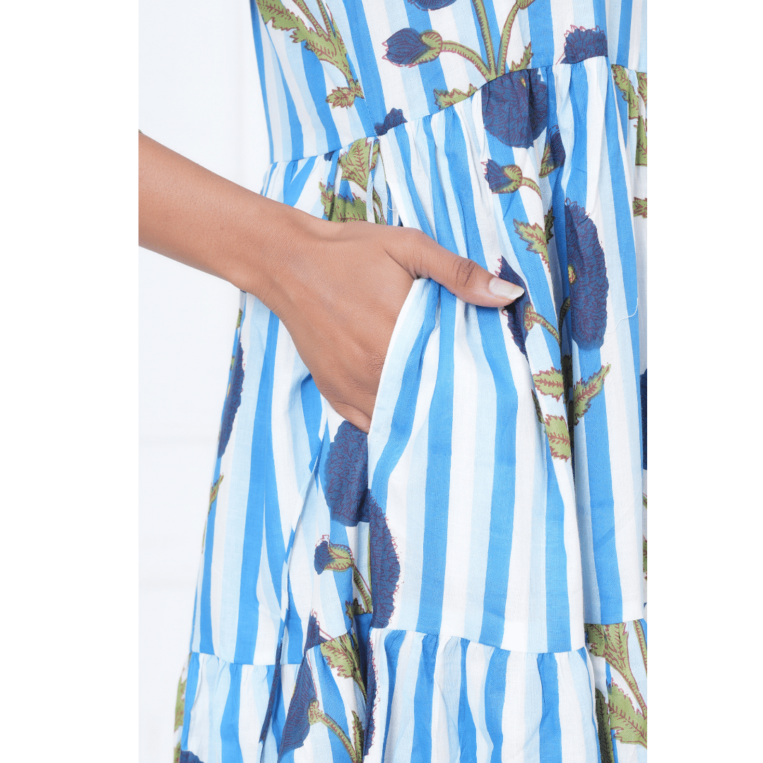 Blue White Stripe Print Maxi Anokhi Dress