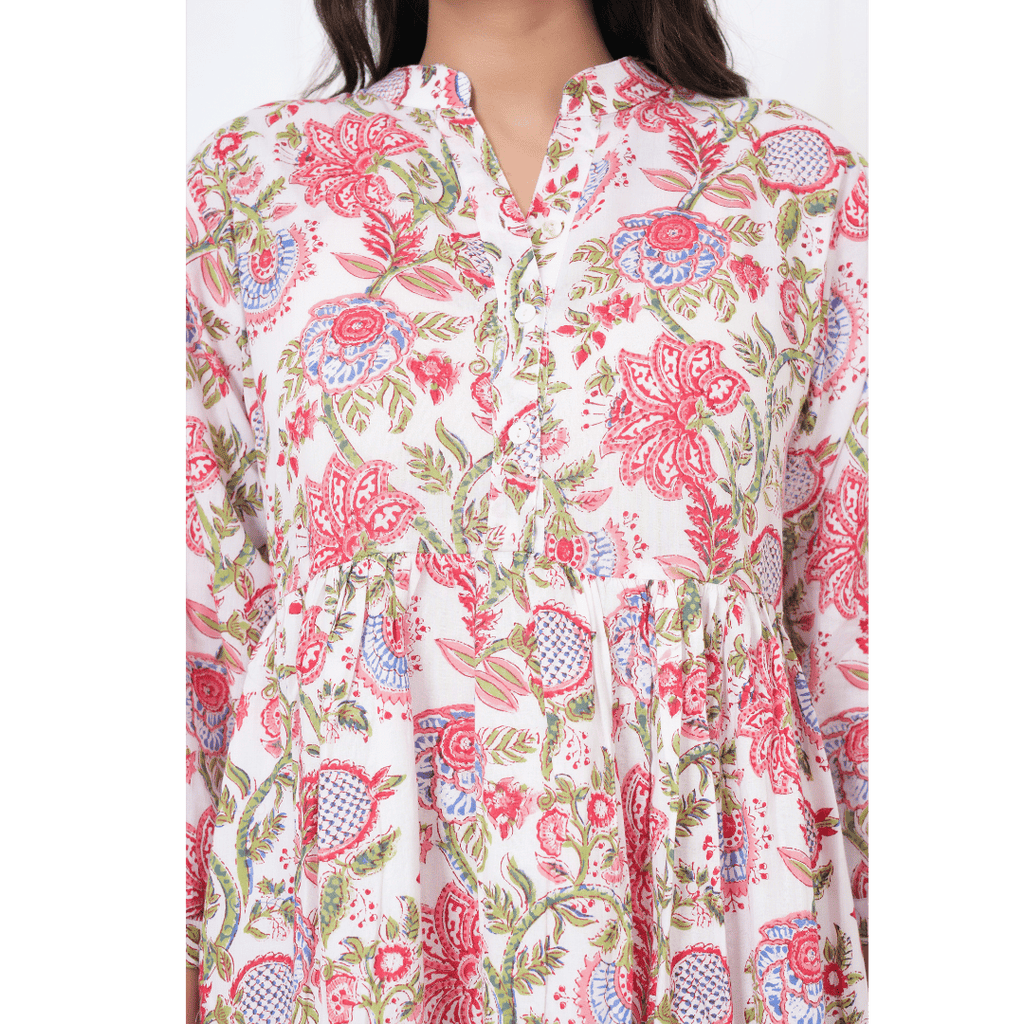 White Floral Block Print Maxi Anokhi Dress