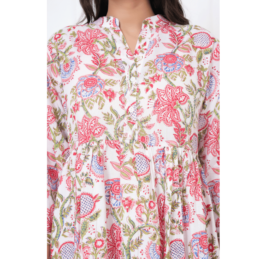 White Floral Block Print Maxi Anokhi Dress