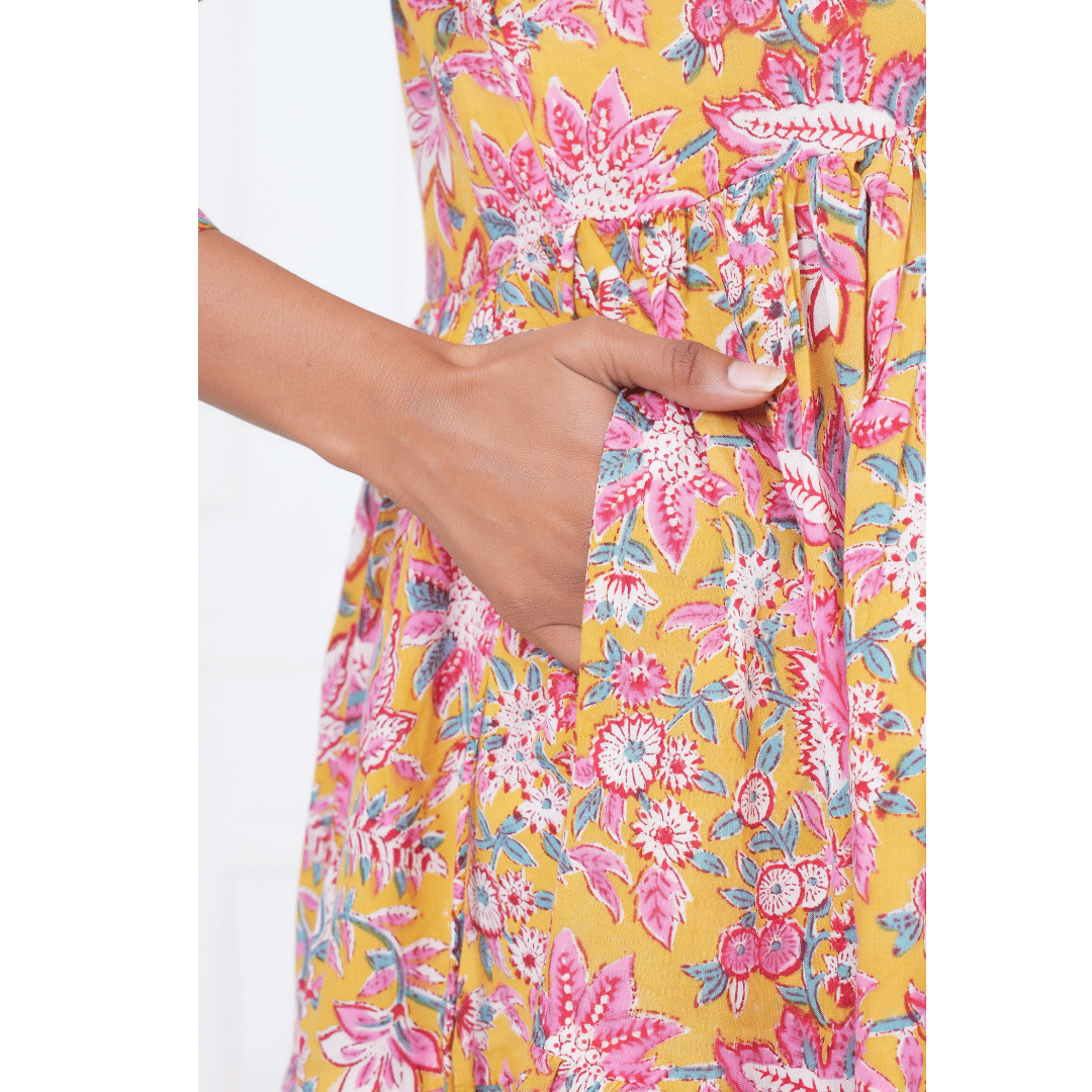 Yellow Floral Block Print Maxi Anokhi Dress