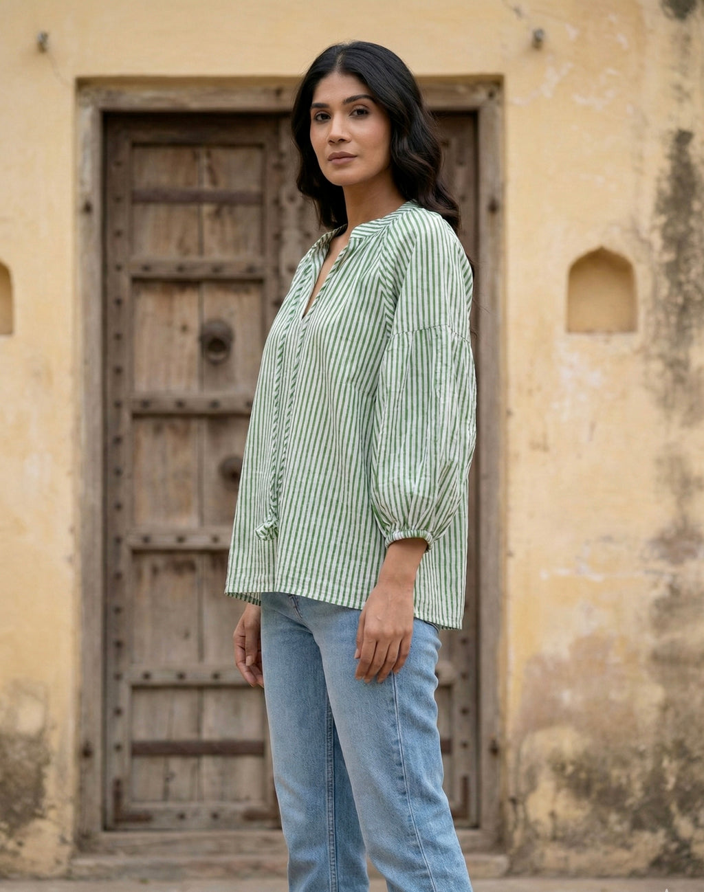 Green Striped Cotton Top with Balloon Sleeves
