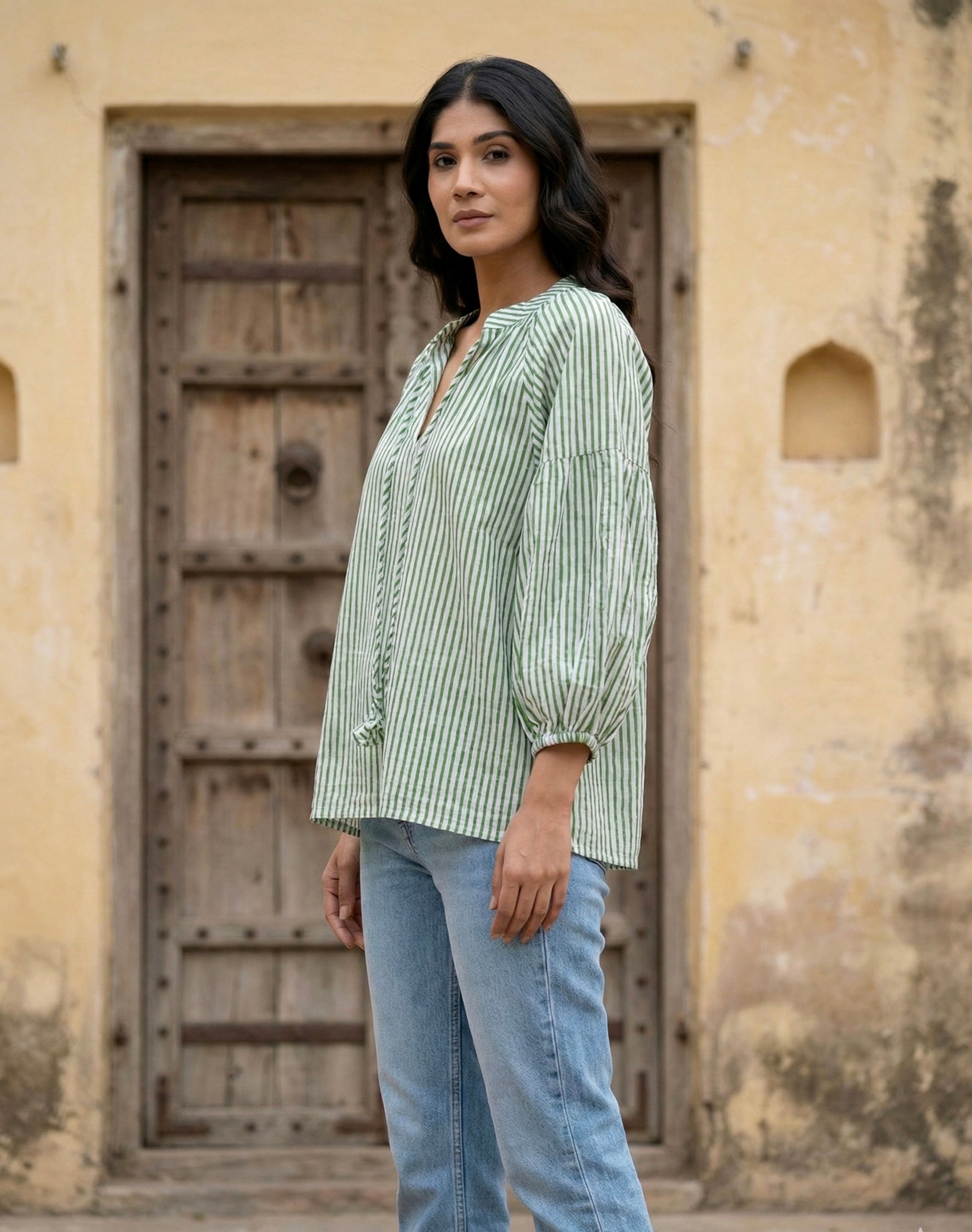 Green Striped Cotton Top with Balloon Sleeves