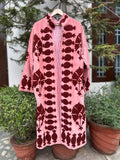 Pink Velvet Embroidered Long Jacket for Women