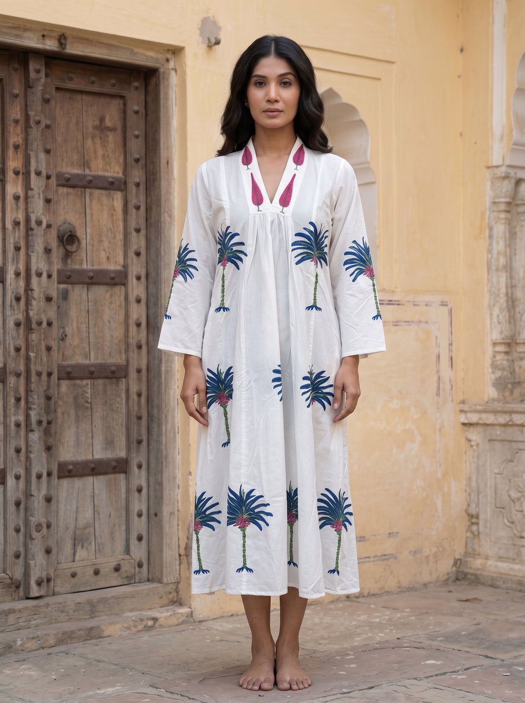Blue Palm Hand Block Print Cotton Dress