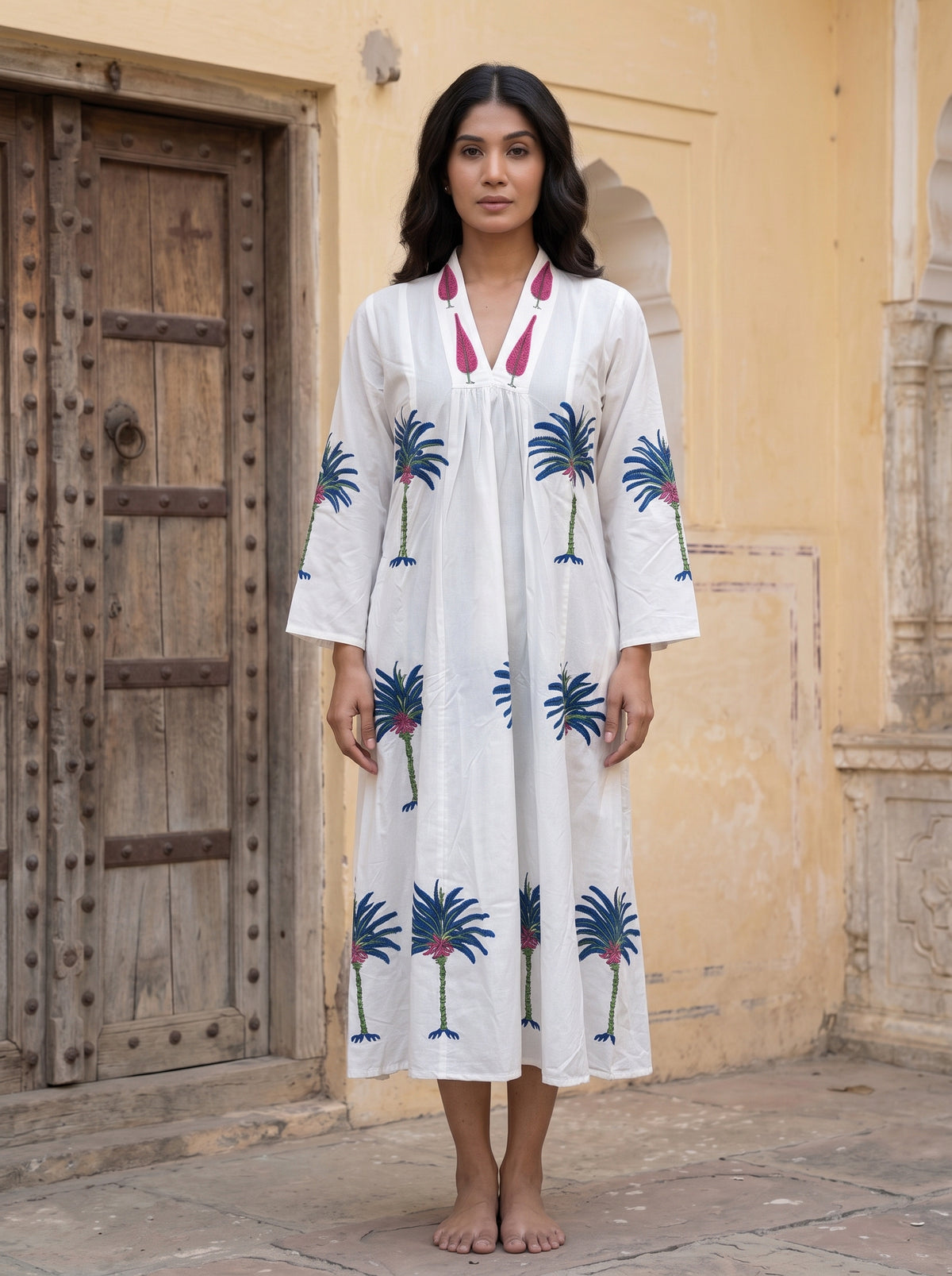Blue Palm Hand Block Print Cotton Dress