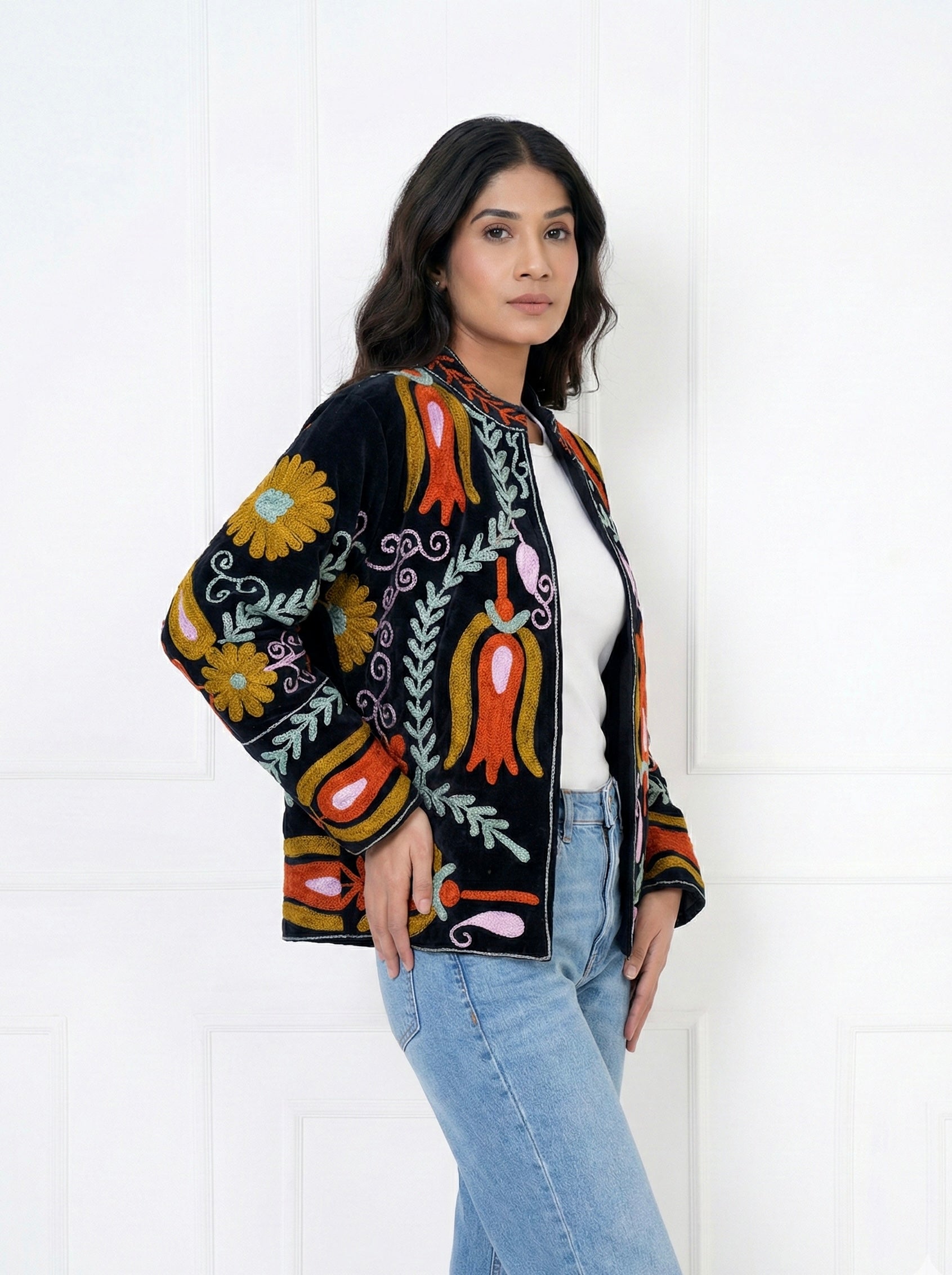 Black Floral Embroidered Velvet Jacket