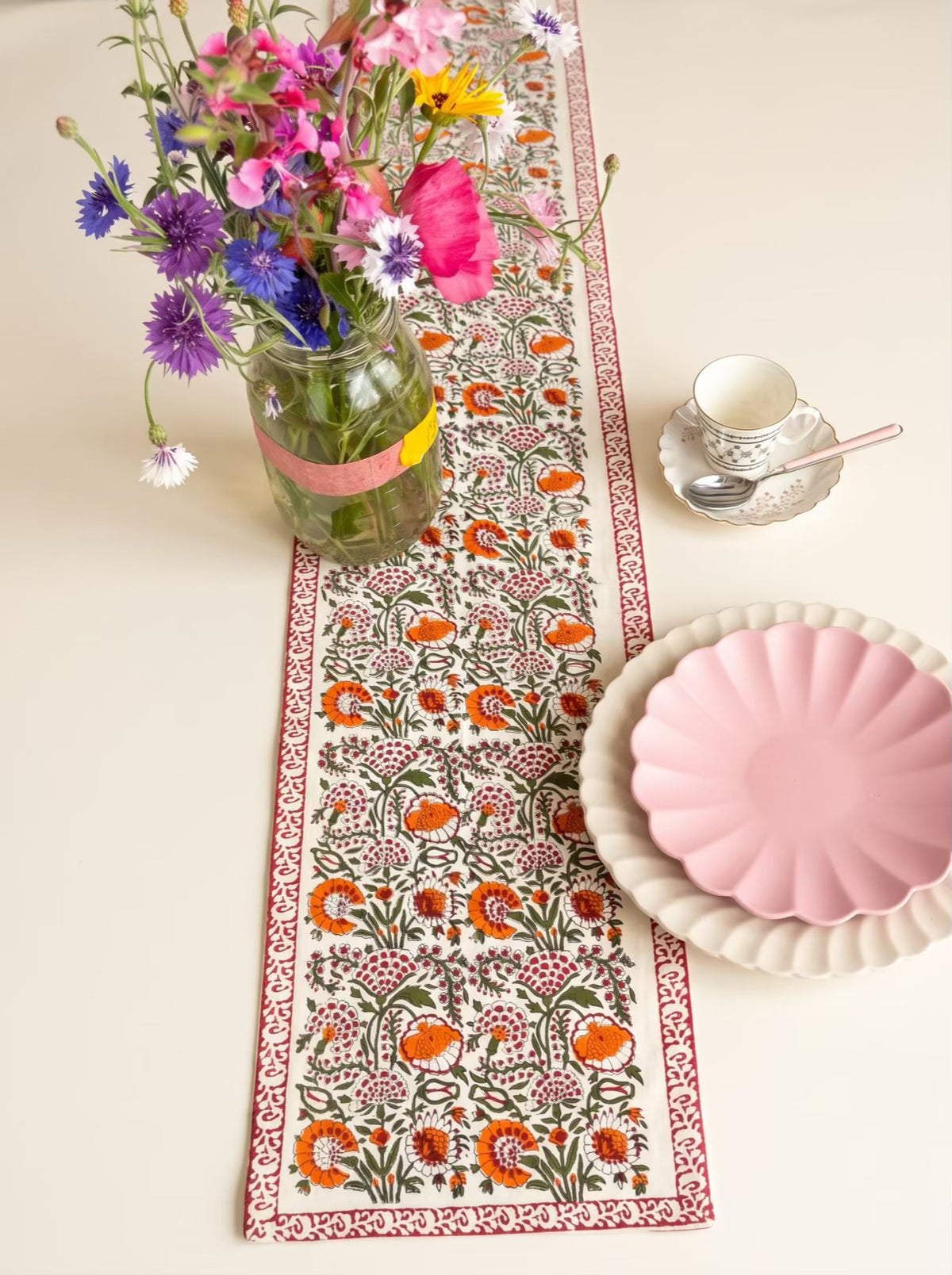 Orange Floral Hand Block Print Table Runner