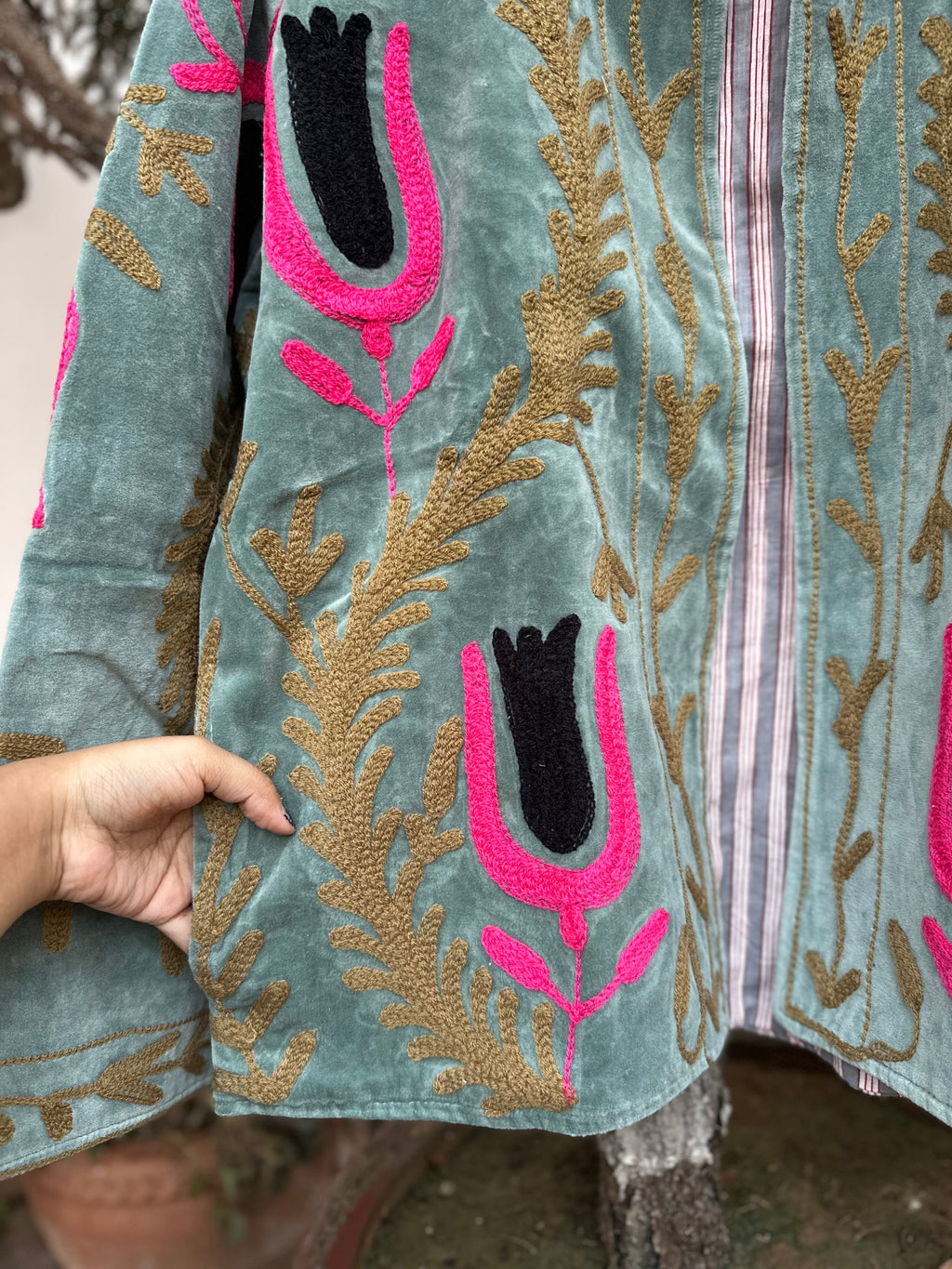 Green Velvet Jacket with Pink and Black Tulip Embroidery