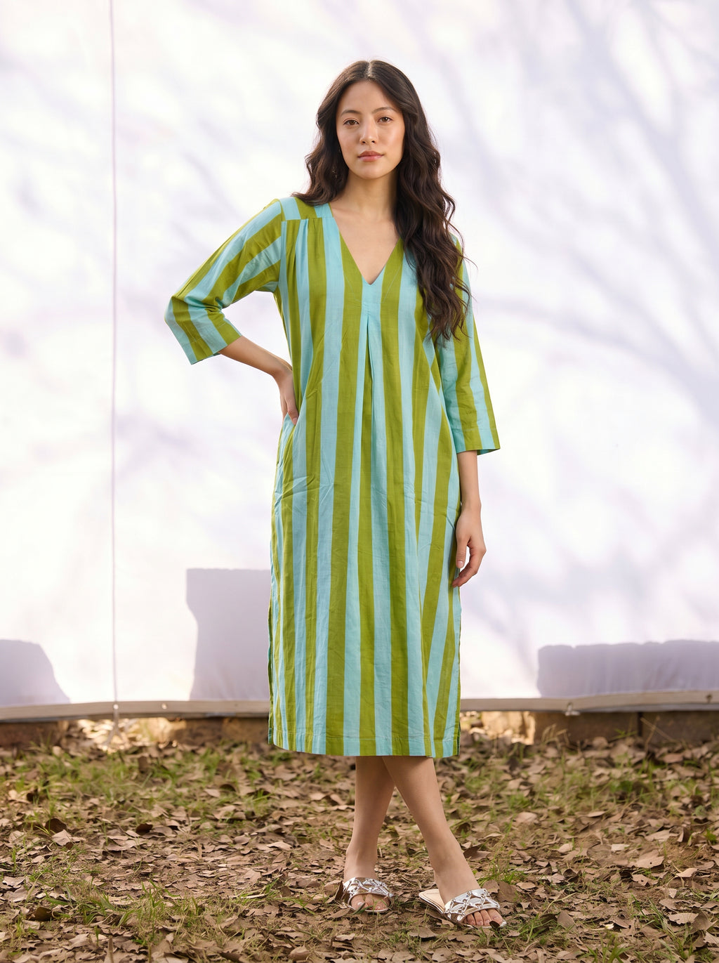 Olive Green & Sky Blue Stripe Cotton Dress