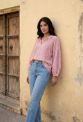 Pink Striped Cotton Top with Balloon Sleeves